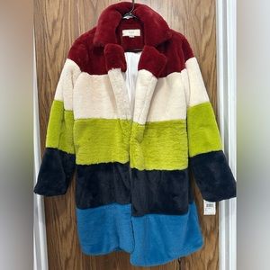 BlankNYC, multi-color faux-fur coat. Brand new women’s size small.